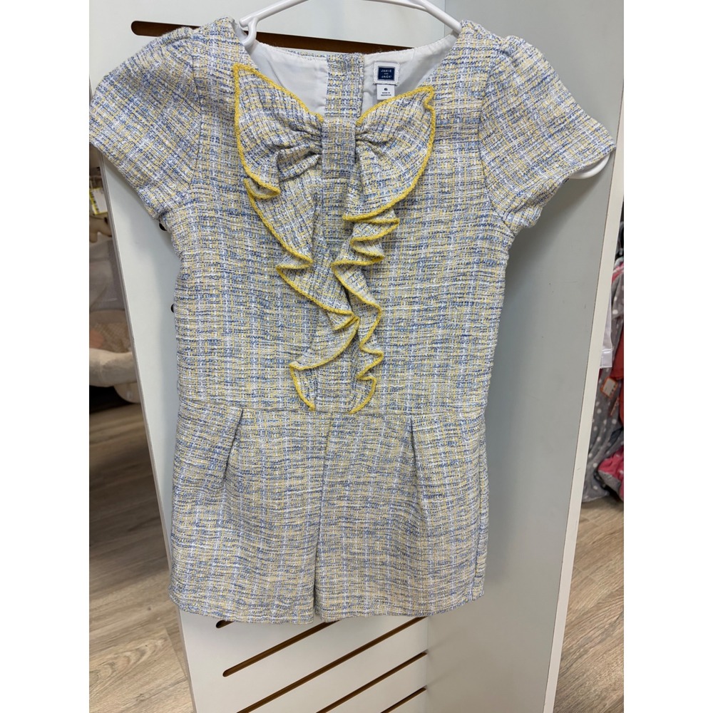 Janie and Jack Soft Iris Tweed Romper front ruffle bow accent size 6 yellow blue